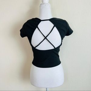 Fashion Nova Black Criss Cross Strappy Open Back Ribbed Short Sleeve Crop Top